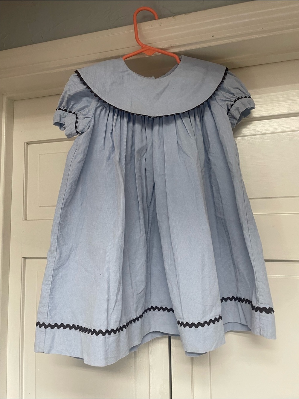 Light Blue pintail corduroy Girls' Peter Pan Collar Dress with Brown Trim. 2T